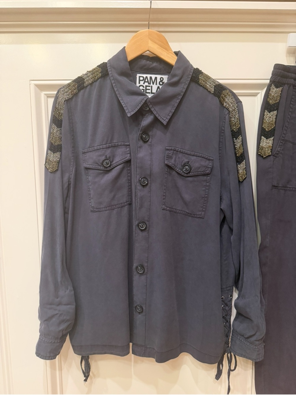 Pam & Gela Black Shirt Jacket with Metallic Chevron Shoulder Embellishment